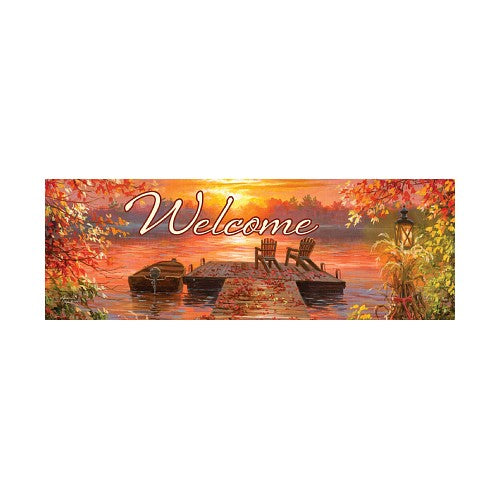 Decorative sign with 'Welcome' text over a scenic autumn lake with dock and chairs.
