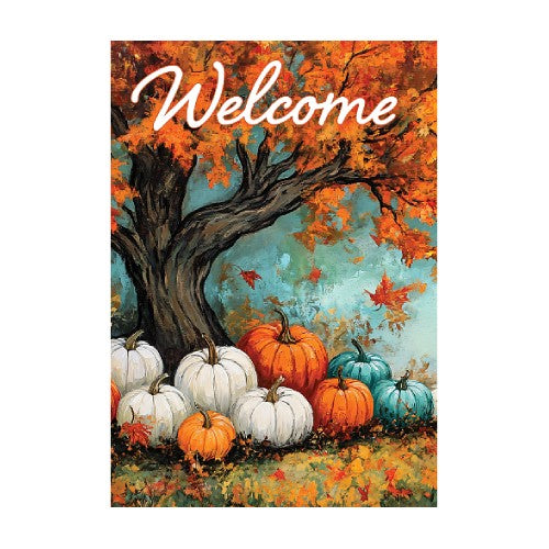 Decorative flag with pumpkins, a tree, and 'Welcome' text against an autumnal background.