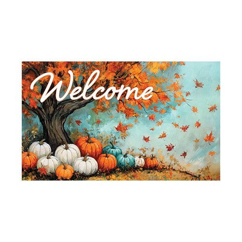 Autumn-themed 'Welcome' indoor/outdoor doormat with featuring a male tree, pumpkins and leaves