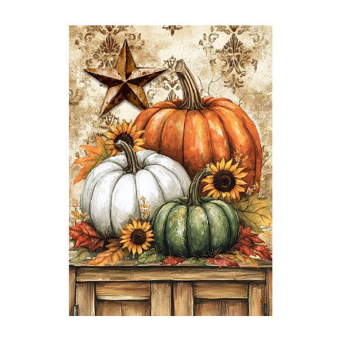 Decorative image of pumpkins, sunflowers, and a star on a textured background