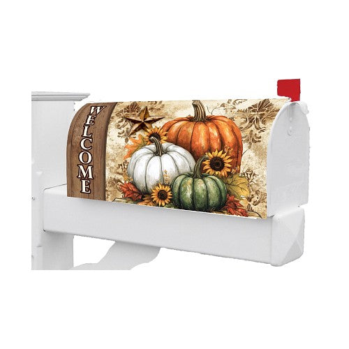 Decorative mailbox cover featuring pumpkins, sunflowers, a barn star and the word 'Welcome'.