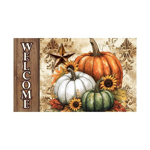 Decorative mat with pumpkins, sunflowers, and a barn star, featuring the word 'WELCOME'.