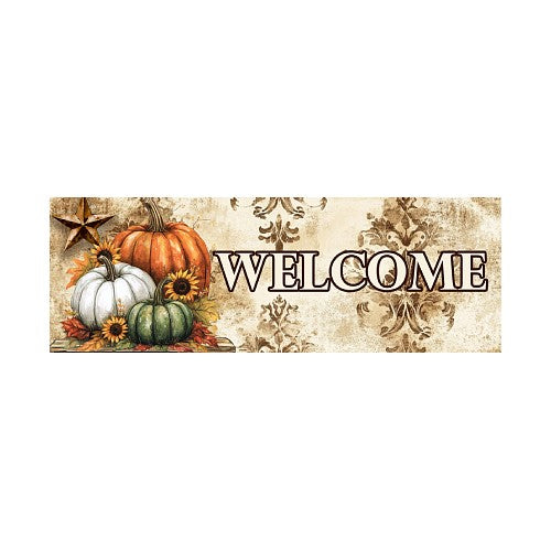 Decorative welcome sign with pumpkins and autumn elements on a beige, textured background