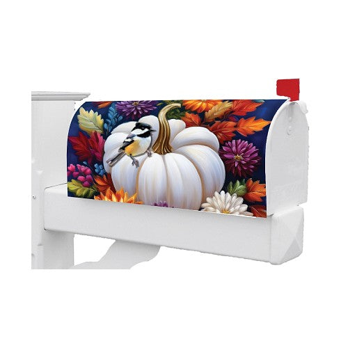 Colorful fall-themed Mailbox cover with a colorful fall-themed cover featuring a white pumpkin and bird.