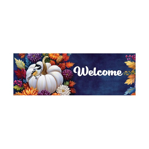Decorative yard sign with a white pumpkin, flowers, colorful leaves with a chickadee perched on top on a blue background with 'Welcome' text.