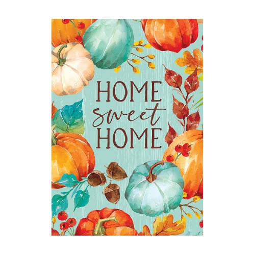 Decorative flag with pumpkins and leaves and 'Home Sweet Home' text on a light blue background