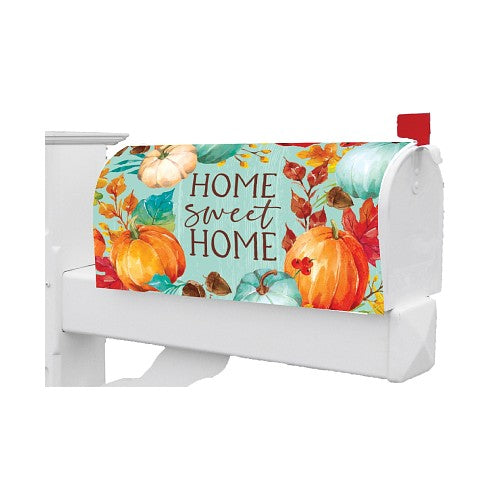 Mailbox with a colorful fall-themed cover featuring pumpkins and the text 'Home Sweet Home'.