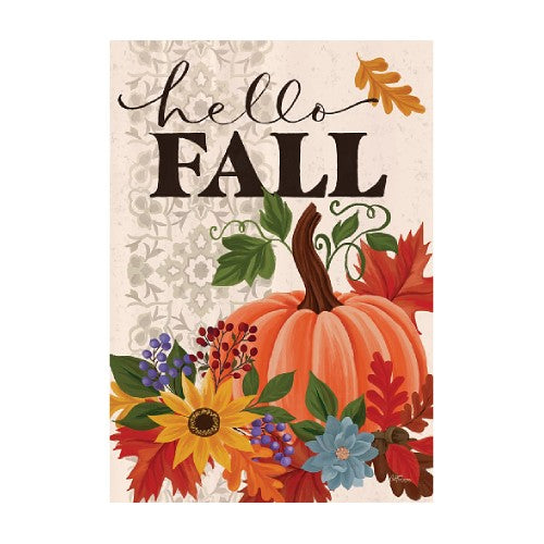 5709FM_Hello-Fall-garden-size-autumn-flag-12-x-18-featuring-colorful pumpkin-flowerss-and leaves