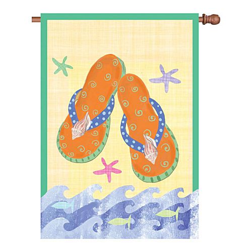 Standard size vertical garden flag displayed on a wooden rod, featuring a pair of orange flip flops with blue polka-dot straps, swirl designs, and seashell accents, surrounded by colorful starfish and ocean waves on a yellow background with a green border.