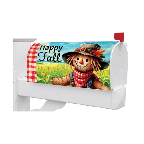 Mailbox with a 'Happy Fall' design featuring a scarecrow on a white background