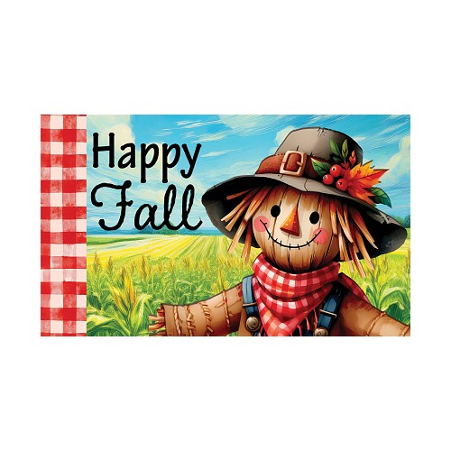 Scarecrow with 'Happy Fall' text against a colorful background