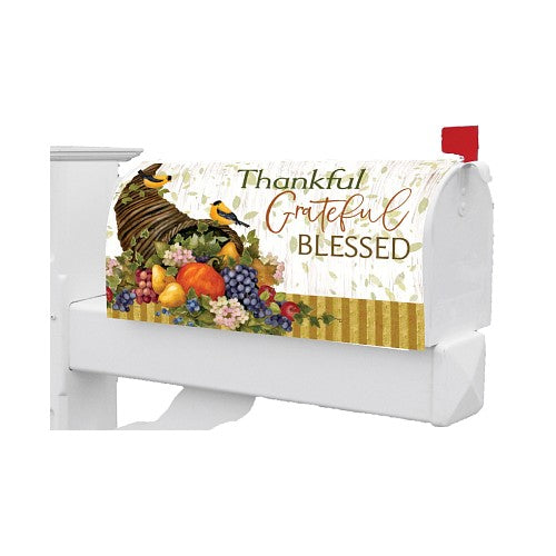 Decorative Thanksgiving mailbox cover featuring a cornucopia, birds, and 'Thankful Grateful Blessed' text on a white background.