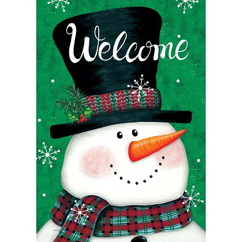 Snowman with a top hat and plaid scarf on a green background with snowflakes, featuring the word 'Welcome'.