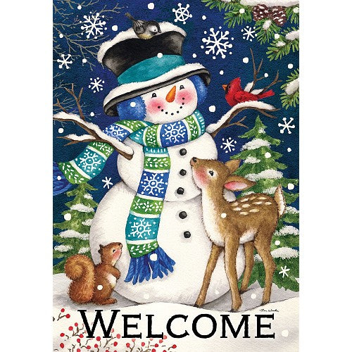 Decorative flag with a snowman, deer, and other animals against a snowy background with the word 'WELCOME'.