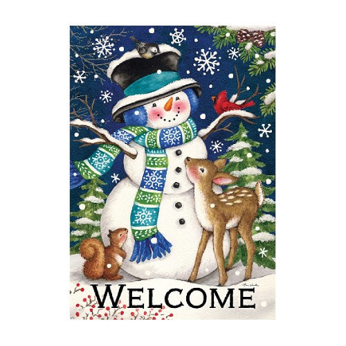 Winter-themed decorative sign with a snowman, deer, and other animals on a blue background.