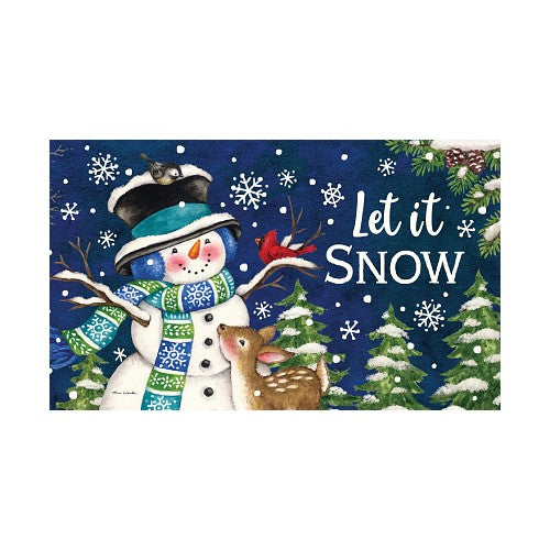 Winter-themed indoor/outdoor doormat with a snowman and deer, featuring the text 'Let it Snow' on a blue background featuring trees and snowflakes.