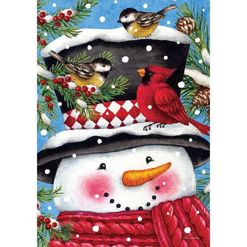 Decorative flag with a snowman, cardinal, and chickadees Perched on his snowy top hat on a snowy blue background