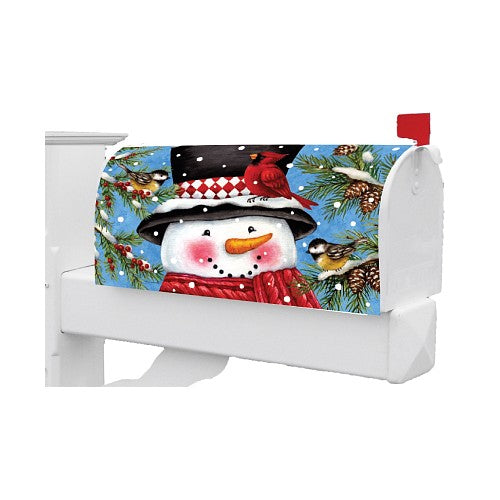 Winter-themed mailbox cover with a snowman design with birds on a snowy blue background