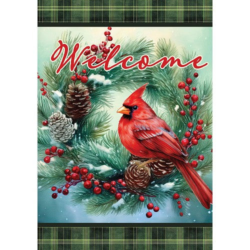 Decorative flag with a red cardinal, pine cones, and berries with 'Welcome' text on a green plaid accents.