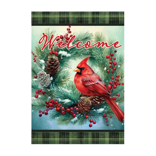 Decorative flag with a red cardinal bird, pine cones, and berries with green plaid accents.