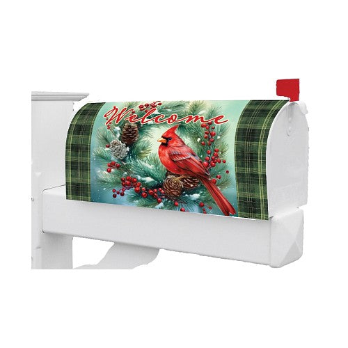 Christmas-themed mailbox cover featuring a cardinal perched on a decorative wreath and the word 'Welcome'.
