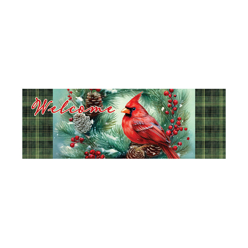 Christmas-themed design with a red cardinal, pine cones, and berries with green plaid edges.