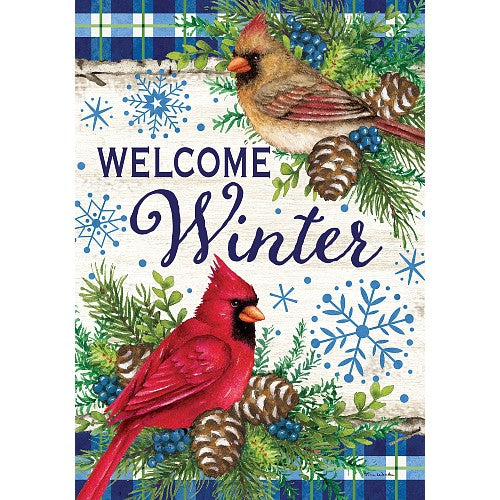 Decorative flag featuring cardinals, pine cones, and snowflakes with 'Welcome Winter' text.
