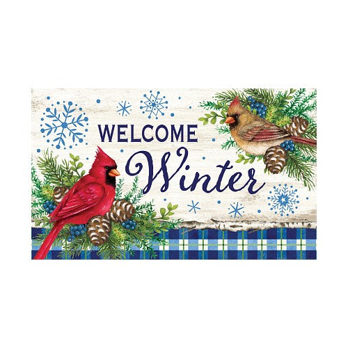 Decorative doormat with cardinals, pine cones, and snowflakes with 'Welcome Winter' text on a white background.