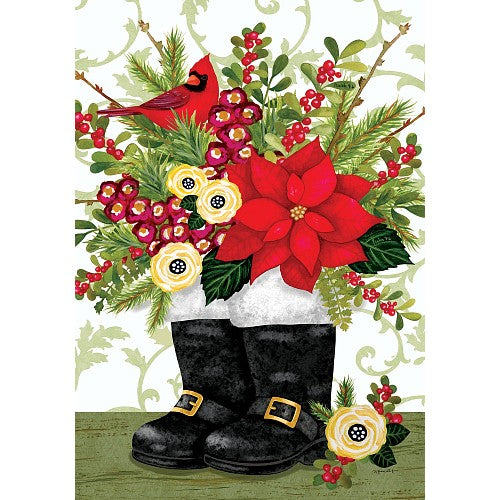 Decorative Christmas-themed design with black boots, red poinsettia, yellow flowers, and a cardinal on a white background.