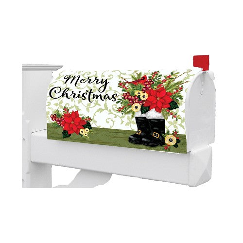 Decorative mailbox cover with Christmas design featuring boots, flowers, and 'Merry Christmas' text.