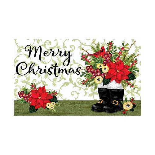 Christmas-themed indoor/outdoor doormat featuring boots, flowers, and 'Merry Christmas' text on a decorative background.