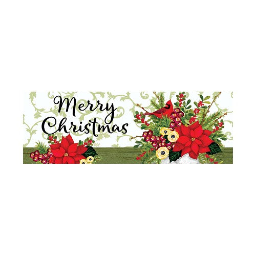 Merry Christmas yared sign with poinsettias and a cardinal on a white background