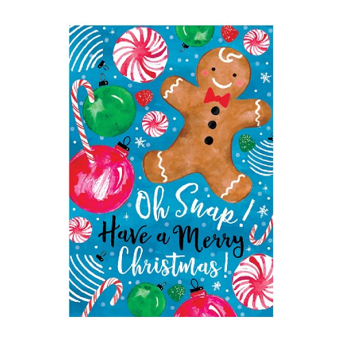 Colorful Christmas-themed card with gingerbread man, candy canes, and ornaments with the message " Oh Snap! Have a Merry Christmas" on a blue background.