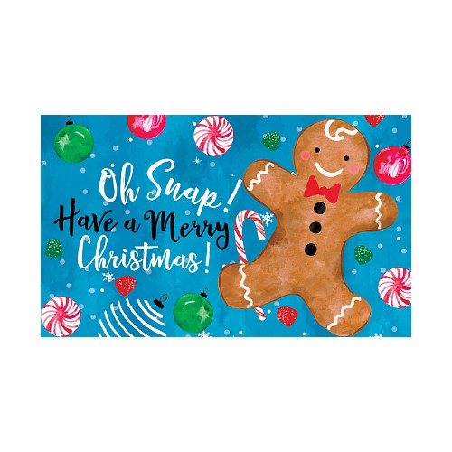 Indoor/outdoor doormat featuring a gingerbread man with candy canes and Christmas decorations and Oh Snap! Have a Merry Christmas on a blue background