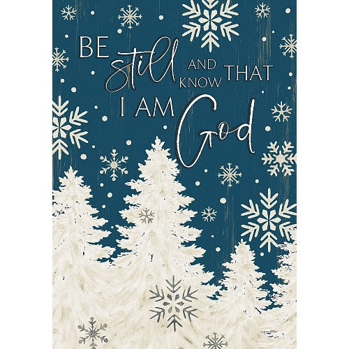 Winter-themed spiritual flag with trees, snowflakes, and inspirational quote on a blue background.