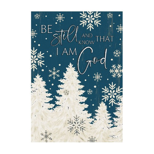 Decorative winter scene, trees, snowflakes, and inspirational text saying "Be still and know that I am God" on a blue background.