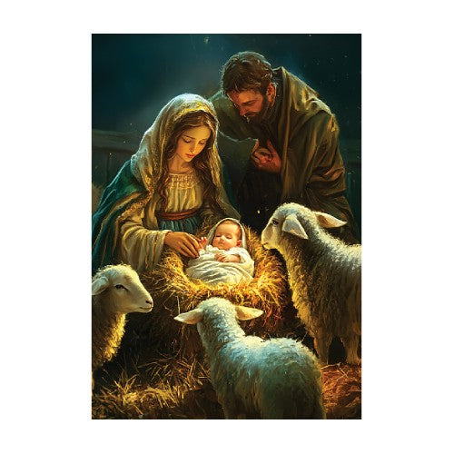 Manger scene with Mary, Joseph, and baby Jesus surrounded by sheep.