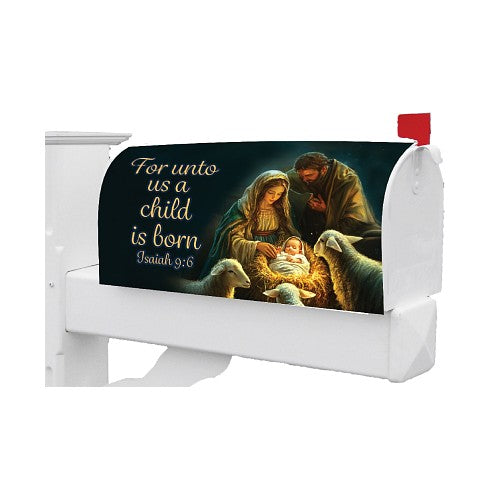 Decorative mailbox cover with a Christmas-themed design featuring the Nativity scene and the text For Unto Us a Child Is Born