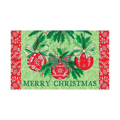 Christmas-themed decorative doormat with red ornaments, green leaves, and 'Merry Christmas' text on a red and green border.