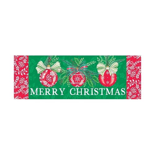Merry Christmas yard sign with red ornaments and green leaves on a white background.