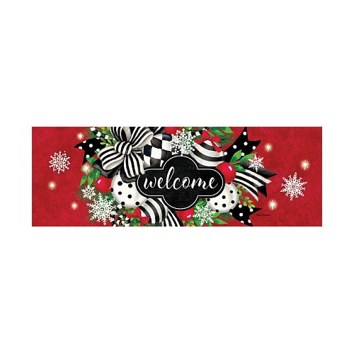 Decorative yard sign with Christmas-themed design featuring bows, snowflakes, and the word 'welcome' on a red background.