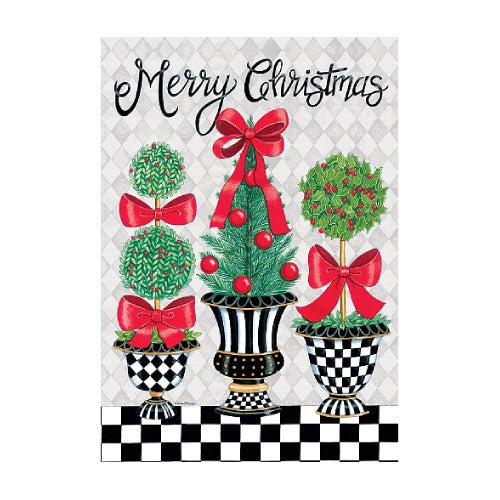 Christmas-themed flag with topiary trees, red bows, and 'Merry Christmas' text on a checkered background.