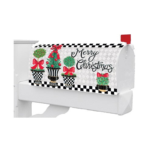 Decorative mailbox cover with Christmas-themed design on a checked background