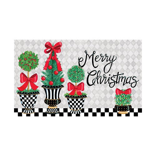 Decorative mat with Christmas-themed potted trees and 'Merry Christmas' text on a checkered background.