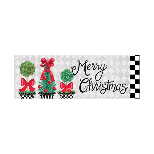 Decorative PVC yard sign with festive, potted trees, red bows, and 'Merry Christmas' text on a checkered background.