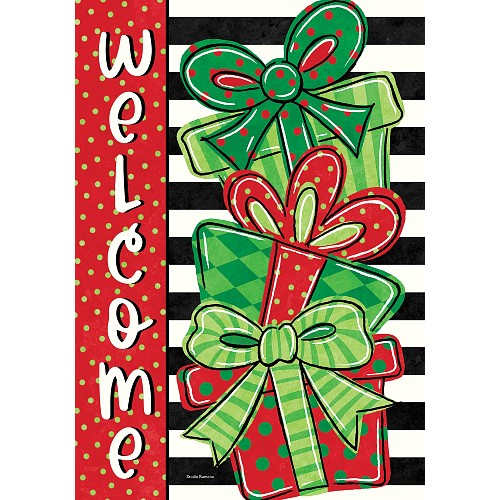 Decorative flag with Christmas-themed elements including presents and a bow on a red, black, and white striped background.