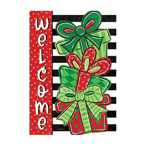 Decorative flag with Christmas-themed elements including bows and the word 'Welcome' on a red, green, and black striped background.