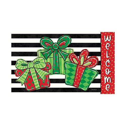 Decorative flag with whimsical Christmas presents and 'Welcome' text on a striped background
