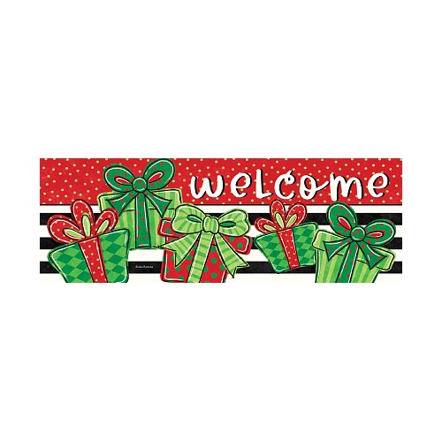 Christmas-themed welcome sign with whimsical presents and bows on a striped background and Welcome on red.
