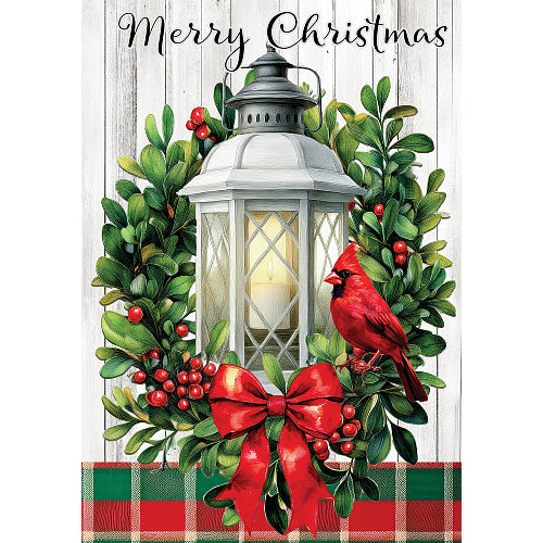Decorative Christmas flag featuring an image of birds around a bird feeder with a snowy background. Merry Christmas is written across the top.